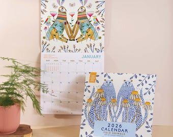 2026 Folk Art Calendar Large Monthly Planner | Animals Illustrations | Colourful Art Planner | 12 Month Hanging Calendar | Artist Calendar