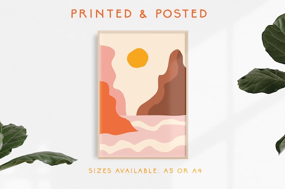 Mountains and Sunset Ocean Pink Poster Print A5 or A4 POSTED | Etsy