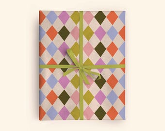 Harlequin Wrapping Paper | Colourful Diamond Gift Wrap | Recycled Wrapping Paper Sheets | Birthday Wrap | Made in UK
