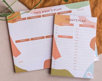 Wekelijkse en dagelijkse planner-padset Boho-papiervormen | Terug naar schoolplanners | Dagelijks notitieblok | Takenlijst bureauonderlegger | Weekplanner