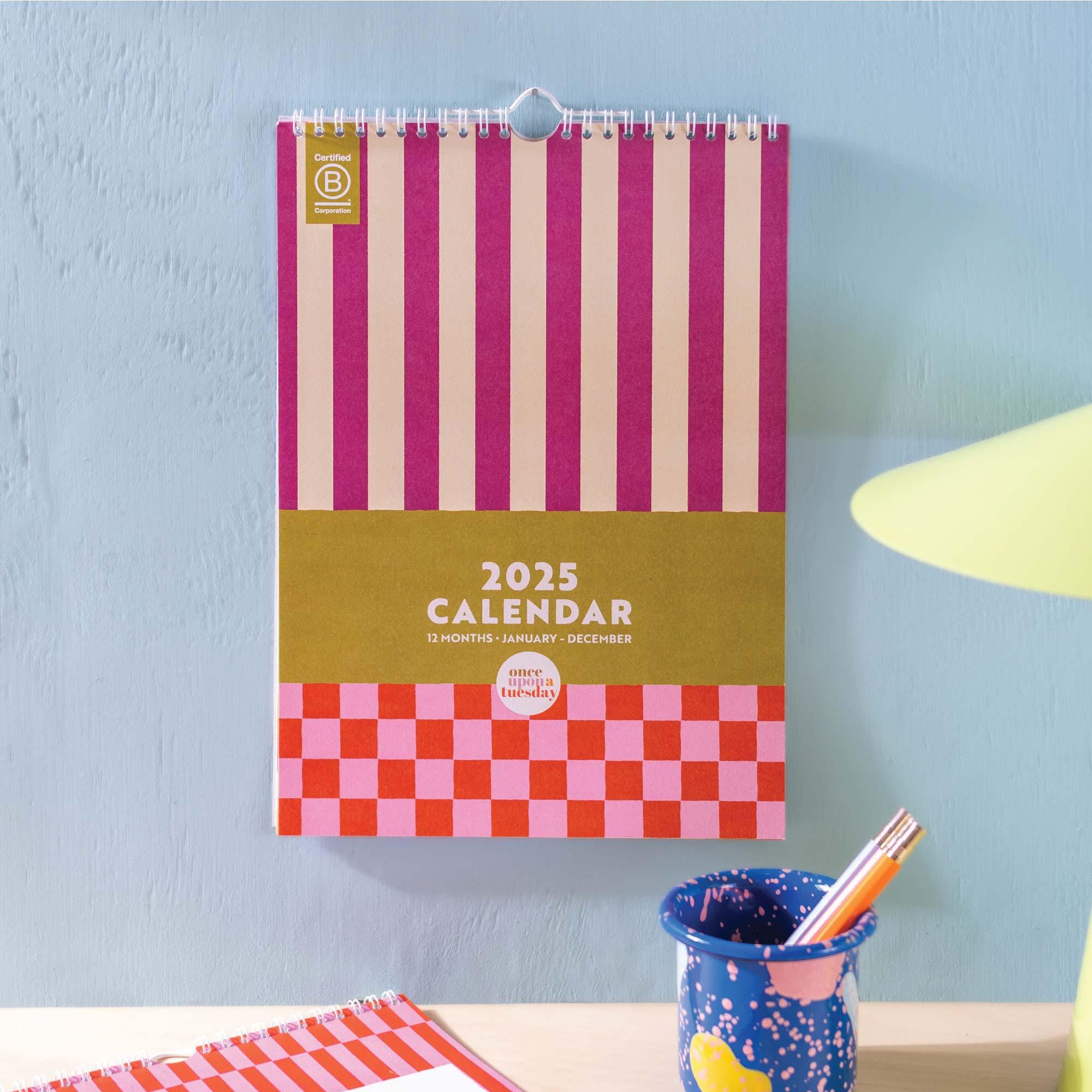 2025 Year Wall Calendar Checks & Strips | A4 Monthly Planner | Colourful Art Planner | 12 Month Hanging Calendar | Week Starts Sunday
