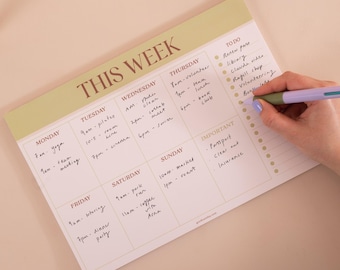 Bloc de planificación semanal / Sin fecha / Bloc de hojas desprendibles tamaño A4 / Verde matcha / Organizador de escritorio / Planificador de lista de tareas / Planificación semanal