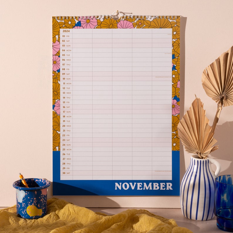 A3 2024 Family Planner. 5 Column Organiser. Wall Calendar. Large Size. Retro Florals. 100% Recycled Paper. Made in the UK.