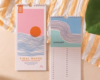 Tidal Waves Birthday & Celebration Calendar | Perpetual Calendar | Undated Planner | Waves, Sunsets, Line Art