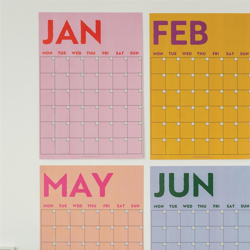 brightly colour wall planner, 12 A3 pages hung together or separate, printed on 100% recycled paper in the UK