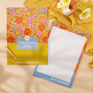 A3 2024 Family Planner. 5 Column Organiser. Wall Calendar. Large Size. Retro Florals. 100% Recycled Paper. Made in the UK.