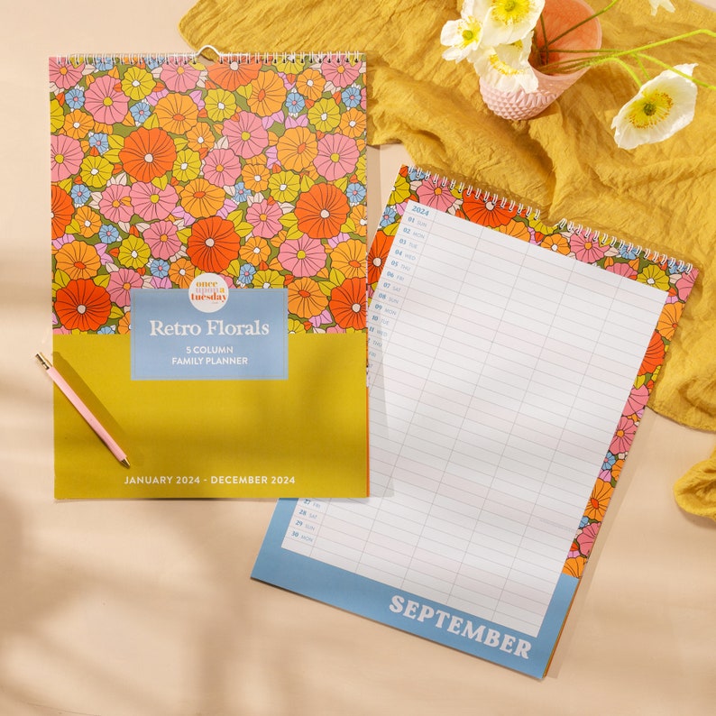 A3 2024 Family Planner. 5 Column Organiser. Wall Calendar. Large Size. Retro Florals. 100% Recycled Paper. Made in the UK.