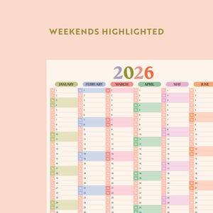 A close-up view of the top half of a 2026 pastel compact wall planner, displaying the months January through June. The text "WEEKENDS HIGHLIGHTED" is visible above the planner, with weekends clearly distinguished by a different pastel shade.