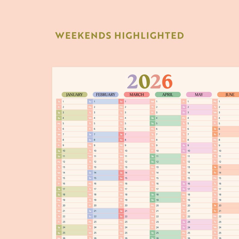 A close-up view of the top half of a 2026 pastel compact wall planner, displaying the months January through June. The text "WEEKENDS HIGHLIGHTED" is visible above the planner, with weekends clearly distinguished by a different pastel shade.