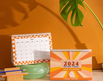 2024 A5 Desk Calendar Retro Vibes | Bright and Colourful | Free Standing Desk Planner | Desktop Calendar | Office Desk Accessories | Vintage