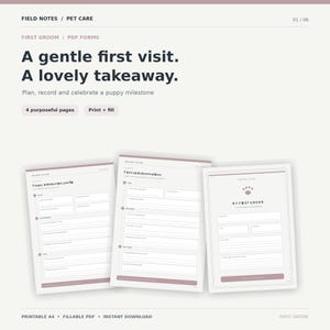 Puppy’s First Groom Pack | Introduction Plan, Visit Notes & Progress Card | 4 Printable and Fillable A4 Pages