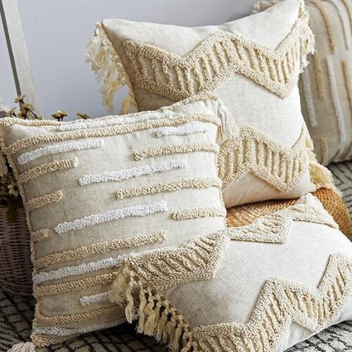 Natural Boho Pillow Cover Fringe Bohemian Pillows Beige Etsy