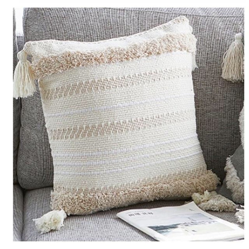 Boho Macrame Pillow With Tassels / Fringes Beige Handwoven Etsy