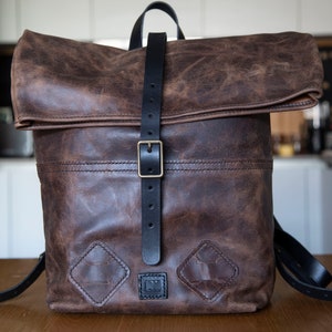 Handmade Traditional Large Buffalo Leather Roll-top Rucksack / Daysack / Weekend Bag / Backpack