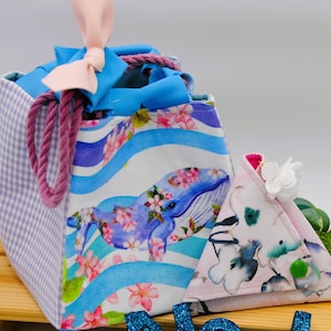 Komebukuro Rice Bag, Japanese drawstring bag, Kinchaku Bag, Whale art  Fabric Gift Bag Free origami coin purse!