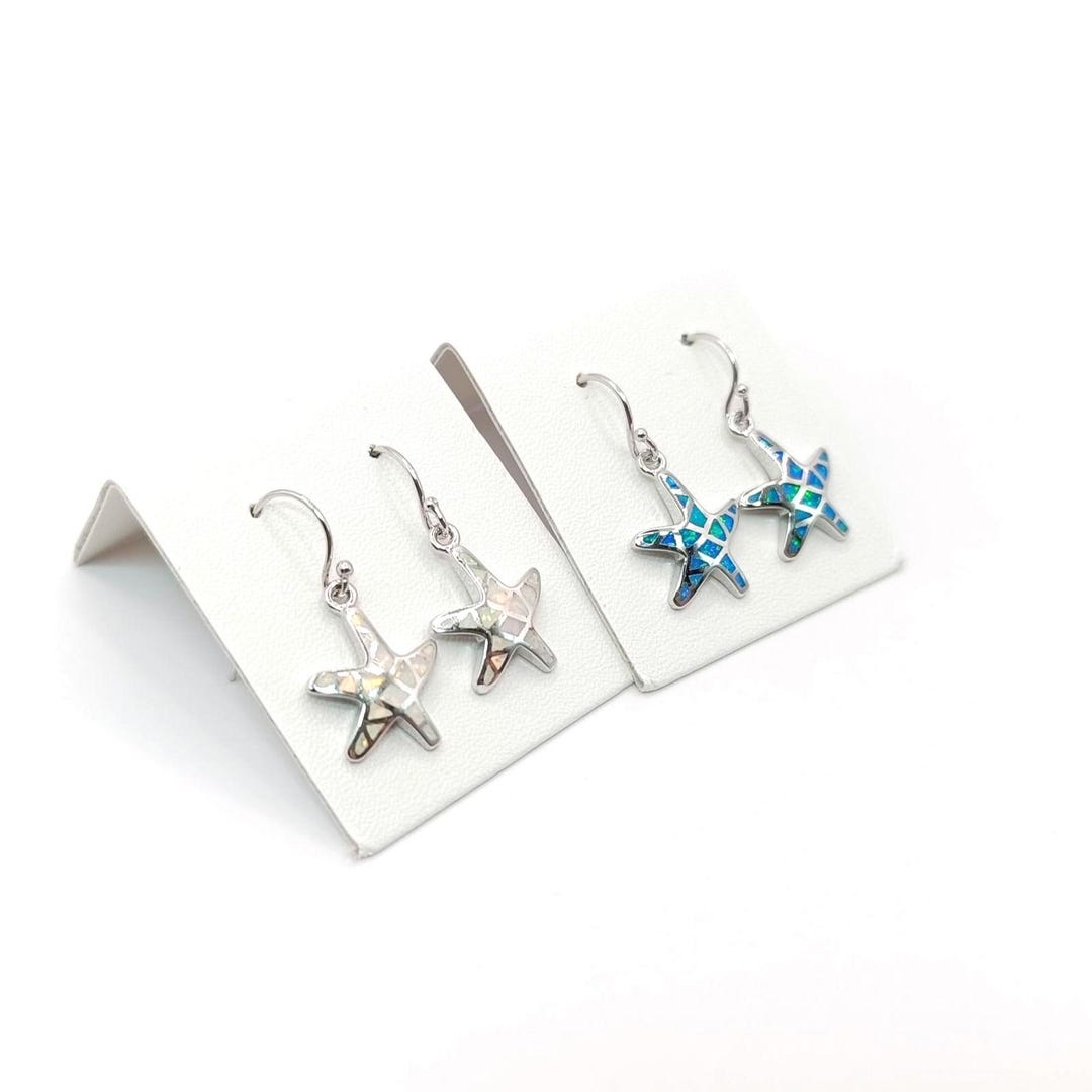 Orecchini in argento placcato argento a forma di stella marina blu e bianca, stile nautico, fatti a mano, per donne. - Italia