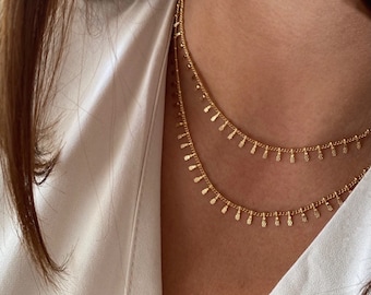 Gold plated necklace with trendy tassels, multi-row spike chain necklace, choker, pendant necklace, gold medal necklace, gold disc lozenge necklace