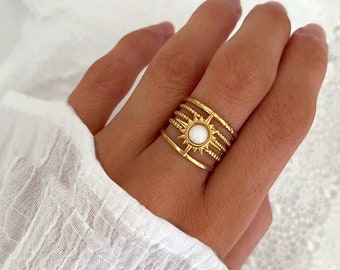 Gold Plated Ring Sun Enamel Semi Precious Stone Boho Braided Ring Star Stackable Ring Minimalist Style