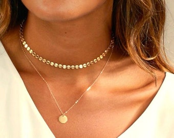 Multi-row gold plated necklace, lozenge pendant, golden token pendant, gold medal necklace, gold disc lozenge necklace