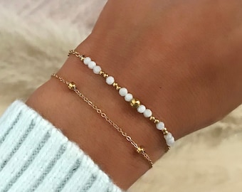 Bracelet Plaqué Or double rang Chaine Fine Pierres Naturelles Jade blanc Bracelet Plaqué or Cadeau femme