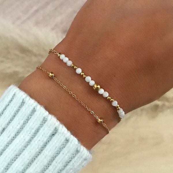 Bracelet Plaqué Or double rang Chaine Fine Pierres Naturelles Jade blanc Bracelet Plaqué or Cadeau femme