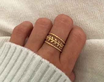 Edelstahl-Ring mit Blattmuster, verstellbar, verstellbar, mehrere Ringe, geflochtener Ring, stapelbar, Boho-Stil, minimalistisch