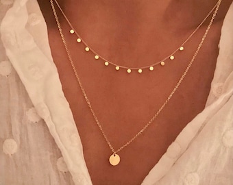 Złoty naszyjnik z frędzlami i wisiorkiem, małe okrągłe dyski, modny cienki łańcuszek, złoty choker