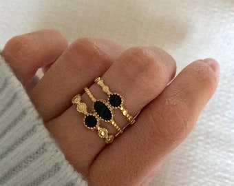 Vergulde Multi Ring Zwarte Hars Boho Gevlochten Stapelbare Ring Minimalistische Stijl