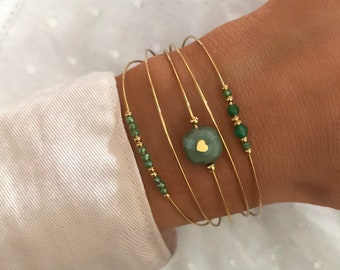 Bracelet Multi rangs Acier Inoxydable Jonc fin multi rangs Pierres Naturelles Aventurine Cadeau femme