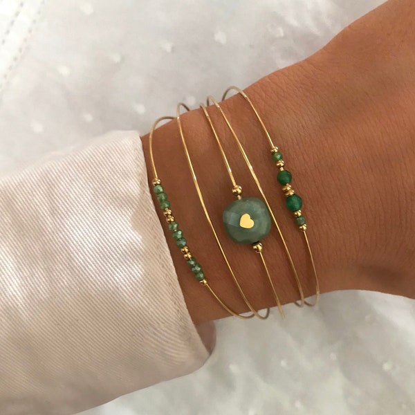 Bracelet Multi rangs Acier Inoxydable Jonc fin multi rangs Pierres Naturelles Aventurine Cadeau femme