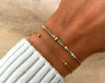 Double Row Gold Plated Bracelet Fine Chain Natural Aquamarine Stones and Blue Jade Gold Plated Bracelet Women's Gift