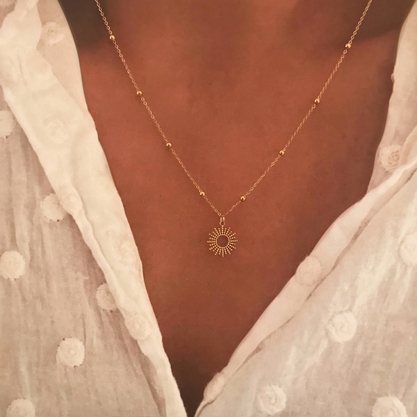 Gold Plated Sun Necklace trendy sun circle pendant fine chain necklace satellite chain small balls sun pendant