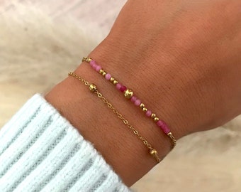 Zweireihiges vergoldetes Armband, feine Kette, Natursteine, rosa Achat, vergoldetes Armband, Damengeschenk