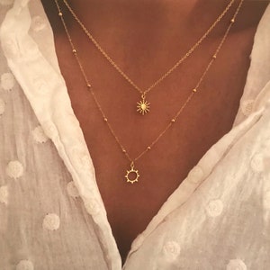 Colar de sol banhado a ouro, pingente circular de sol moderno, colar de corrente fina, gargantilha de ouro