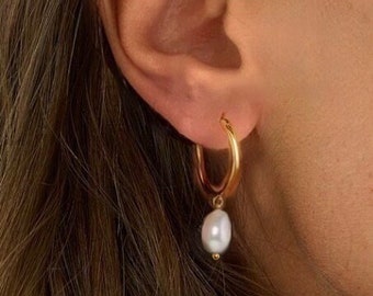 Créoles Perle Nacre Acier Inoxydable Boucles d'Oreilles Anneau Perle Hoop Earring Perle Nacre