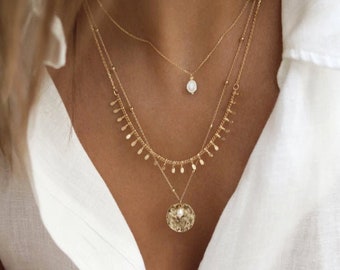 Combination Gold-plated necklaces Double rows Trendy tassels Multi-row ear chain choker gold pendant necklace gold disc pastilles