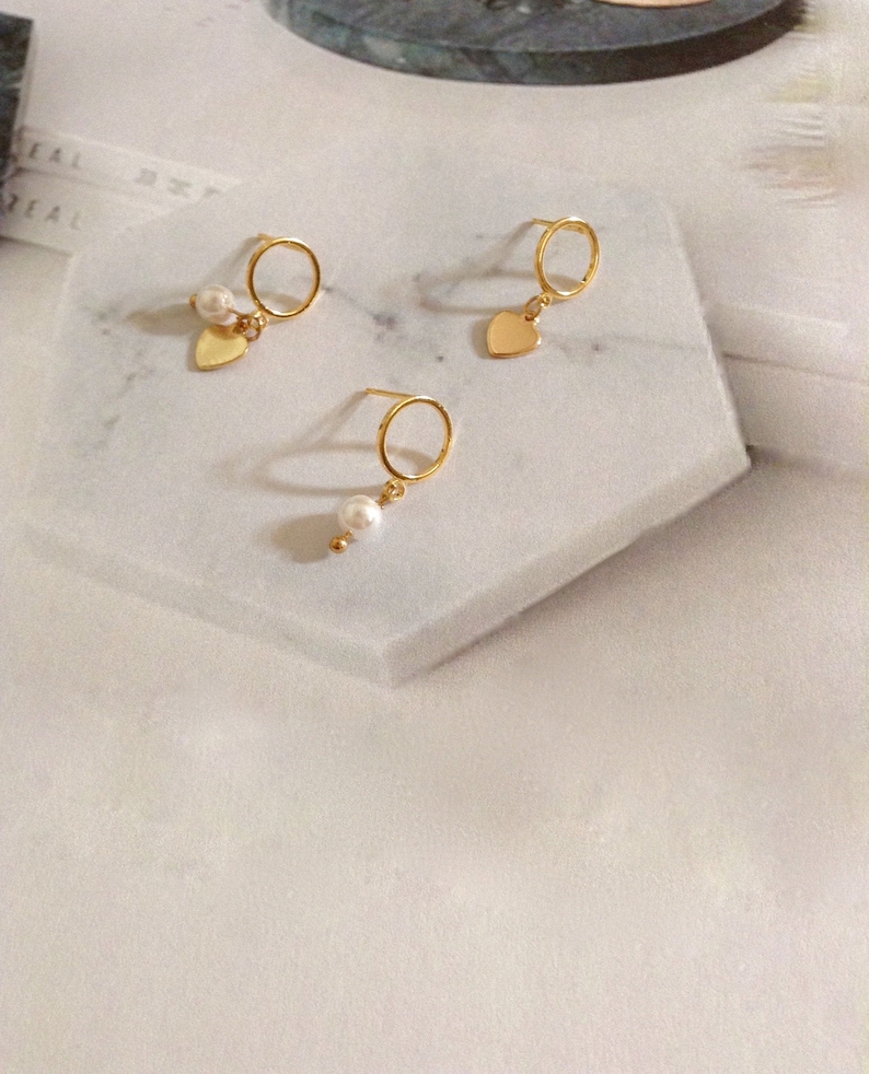 Mini Hoop Earring Gold plated mini hoop earrings gold plated pearl hoop earrings pendant gold plated medal charms ears image 1