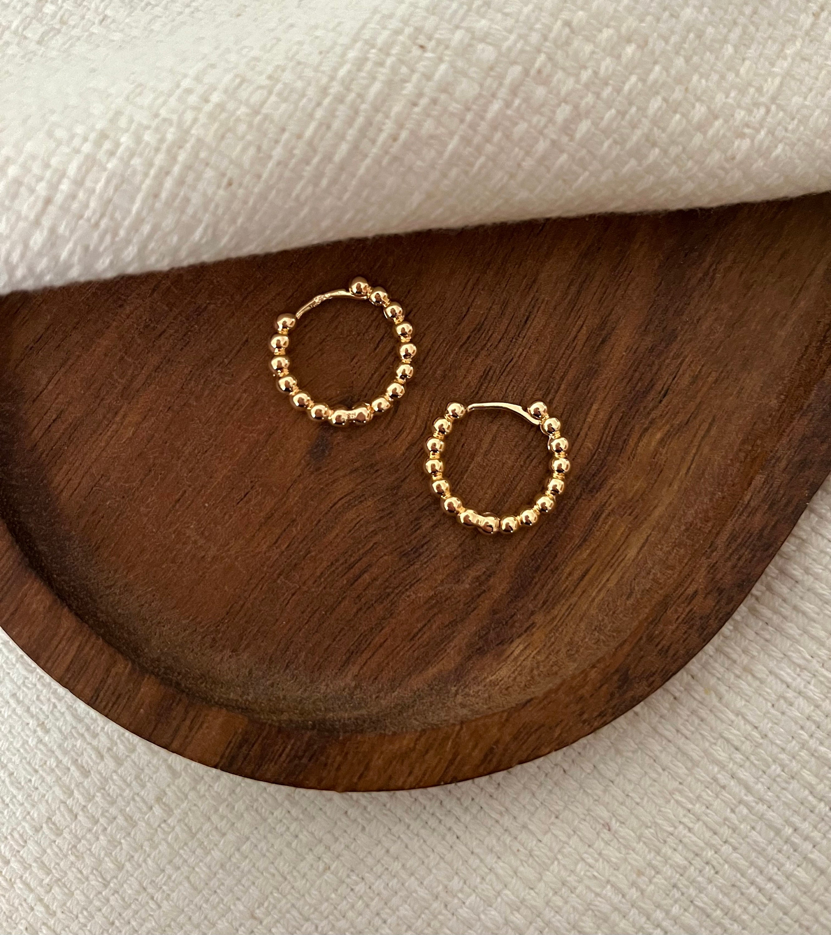 Gold Plated Mini Hoop Earrings with Beads Mini Creole Sleeper Charms Ears