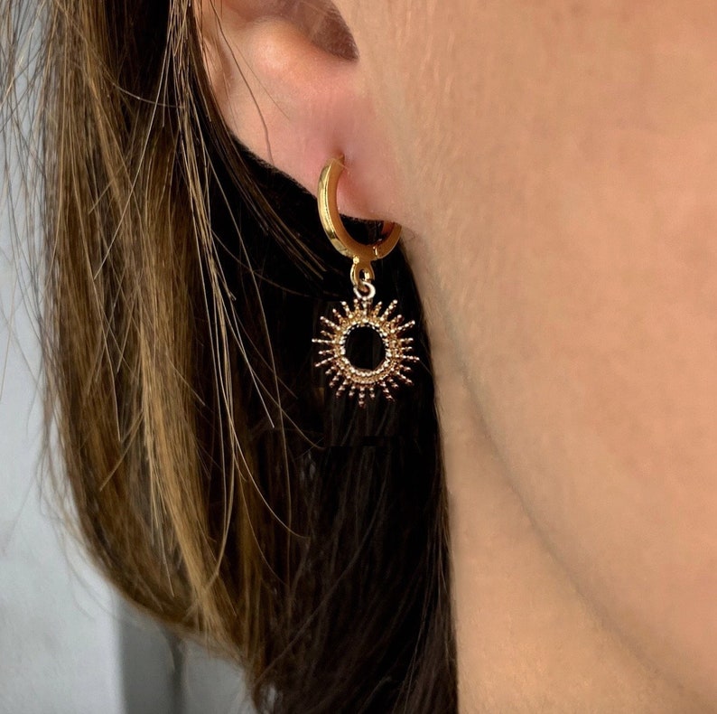 Mini Hoop Earring Gold plated Sun mini hoop earrings gold plated hoop earrings pendant gold plated medal charms ears image 1