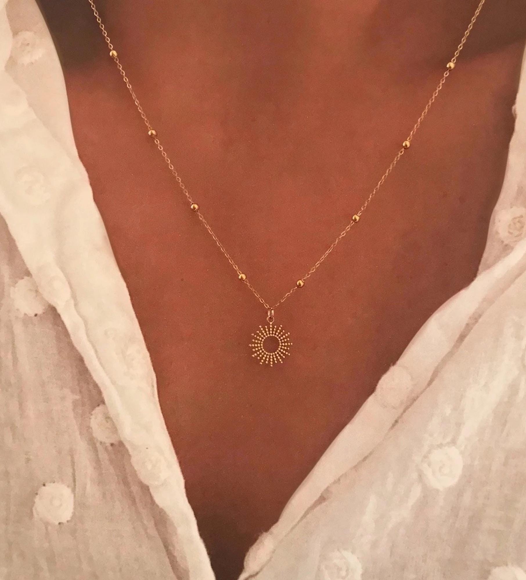 Gold Plated Sun Necklace trendy sun circle pendant necklace fine satellite chain small ball chain sun pendant