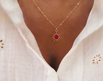 Gold Plated Sun Necklace Natural Semi Precious Stone Fine Chain Trendy Sun Pendant