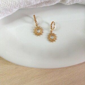 Mini Hoop Earring Gold plated Sun mini hoop earrings gold plated hoop earrings pendant gold plated medal charms ears image 2