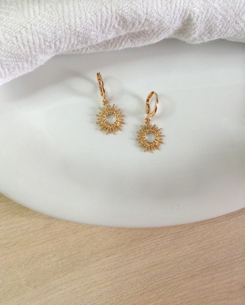 Mini Hoop Earring Gold plated Sun mini hoop earrings gold plated hoop earrings pendant gold plated medal charms ears image 2
