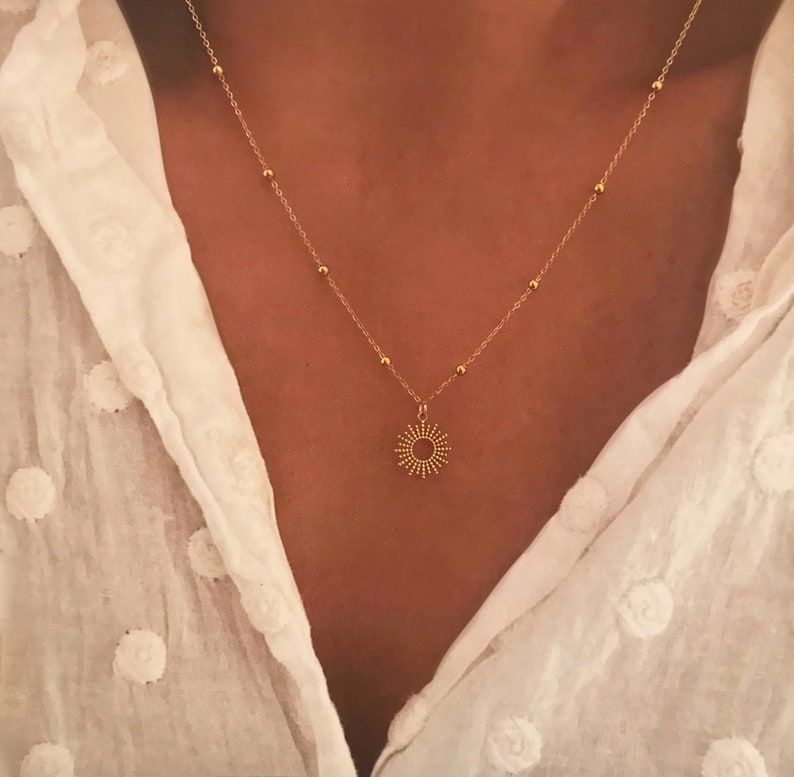 Gold Plated Sun Necklace trendy sun circle pendant fine chain necklace satellite chain small balls sun pendant image 1