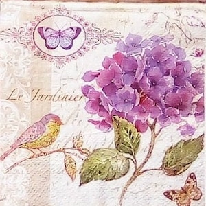 May include: A vintage-style illustration featuring a purple hydrangea flower with green leaves, a small yellow bird perched on a branch, and two butterflies. The text "Le Jardinier" is written in a decorative font.