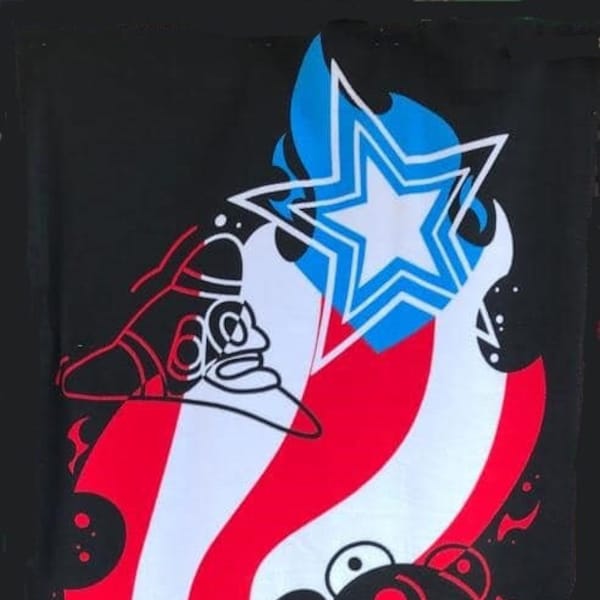 Beach towel with Puerto Rico flag. Morro and flower of maga or Taíno symbols. Souvenir to use, Photo Booth, decorate or collect