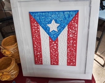 Picture of the Flag of Puerto Rico in false mosaic, acrylic with eggshell imitating stone. Puerto Rican Crafts