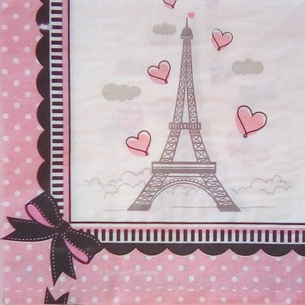 Decoupage napkin with the Eiffel Tower motif, romantic in white, pink and black. 3 sheets of napkin. Party in Paris, France.