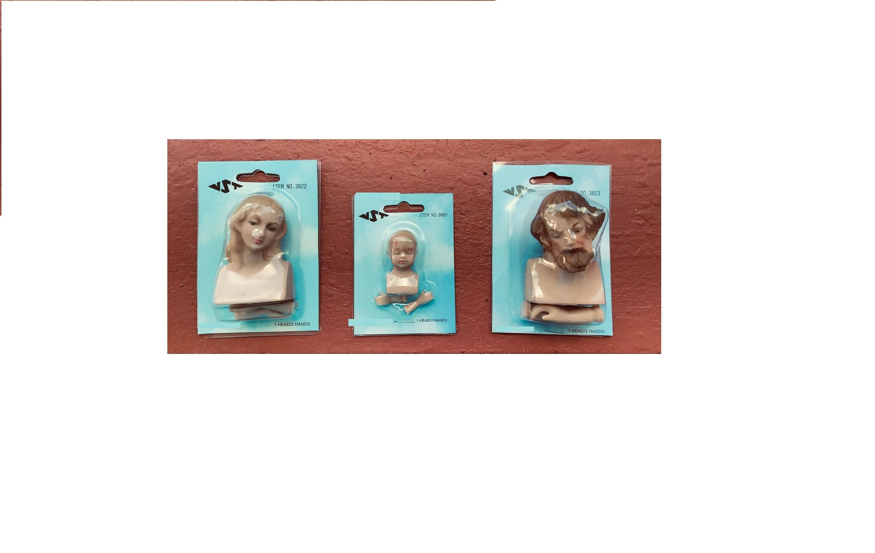 Head and hands to make the figures of the Holy Family. Joseph, Mary and Baby Jesus. Material to create Christmas dolls