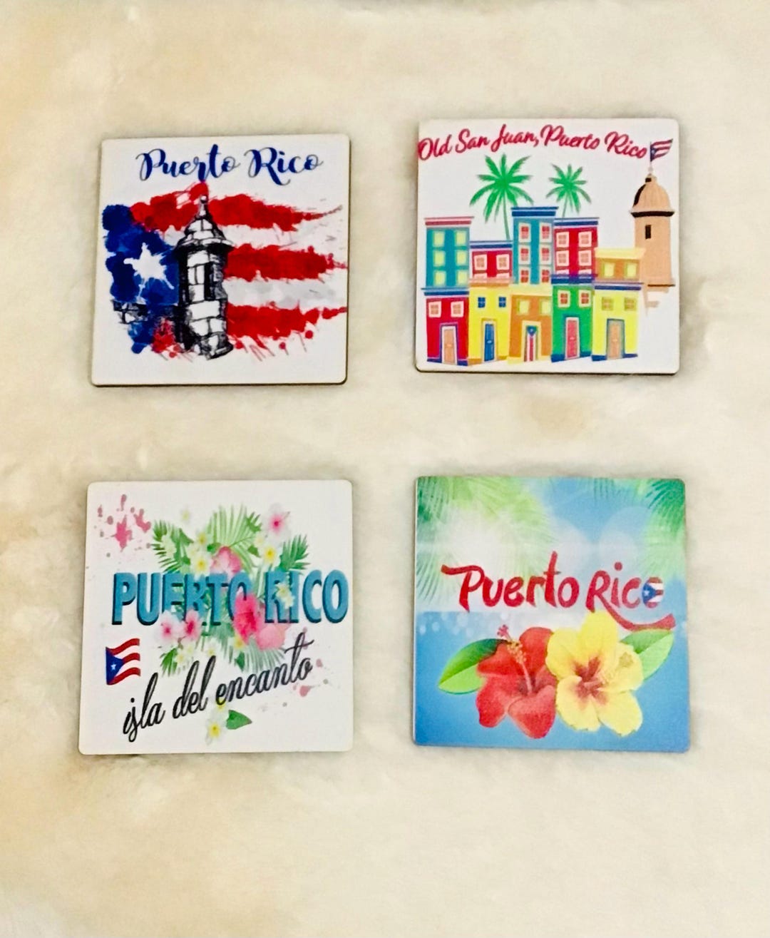 Wooden Coasters With Puerto Rican Motifs. PR Flag, El Morro Sentry Box ...